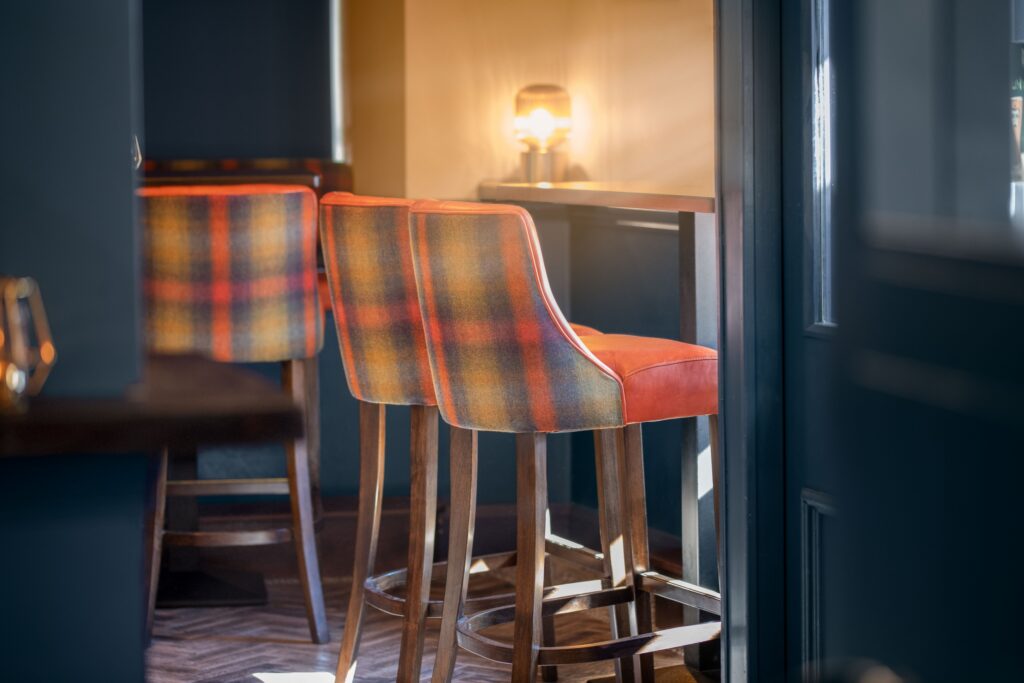 0718-scaled Luxury tartan upholstered bar stools, interior fabric project at The West Bar and Restaurant Mayo, by The Design Barn, County Galway