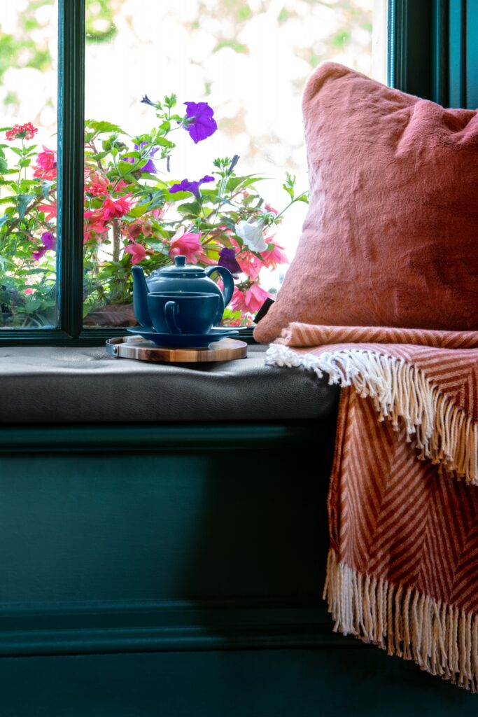 1427-scaled Luxury upholstered window seat with soft furnishing accessories, The West Bar and Restaurant Mayo, interior fabric project by The Design Barn, Galway Ireland