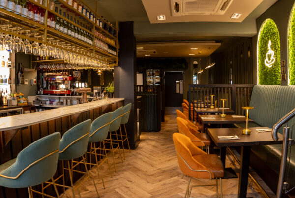 Interior fabric feature wall and luxury upholstered seating, The Peppermill Restaurant Nenagh, soft furnishings by The Design Barn, Galway Ireland